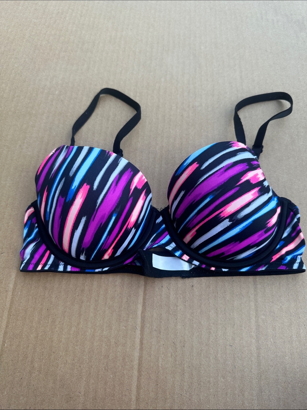 PINK Victoria's Secret Black Bra with Pink & Blue Stripes